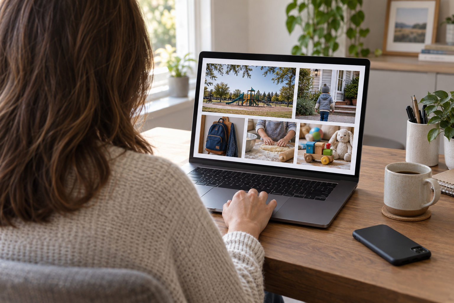 An adult reviews a grid of old family photographs on a laptop at a home desk.