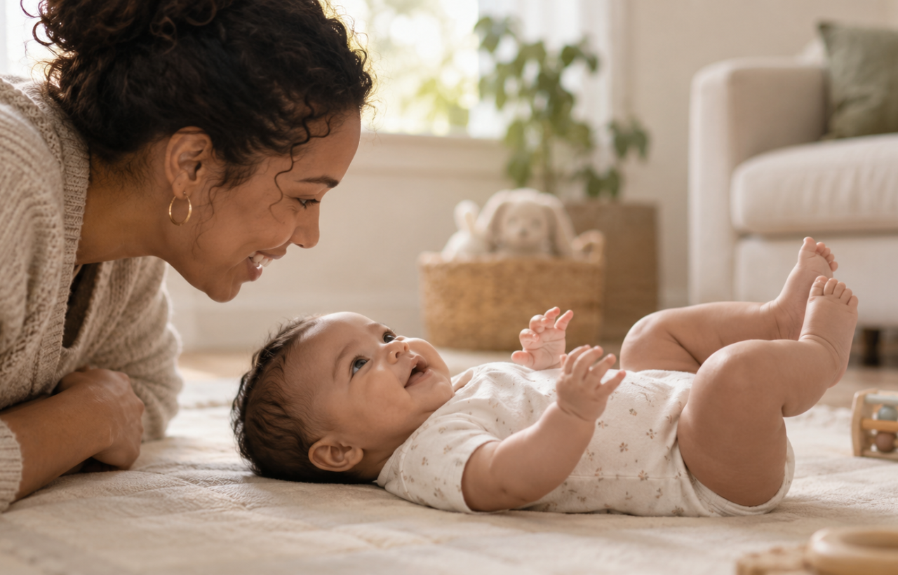 A 14-week-old baby smiles up at a parent while lying on a soft play mat at home.