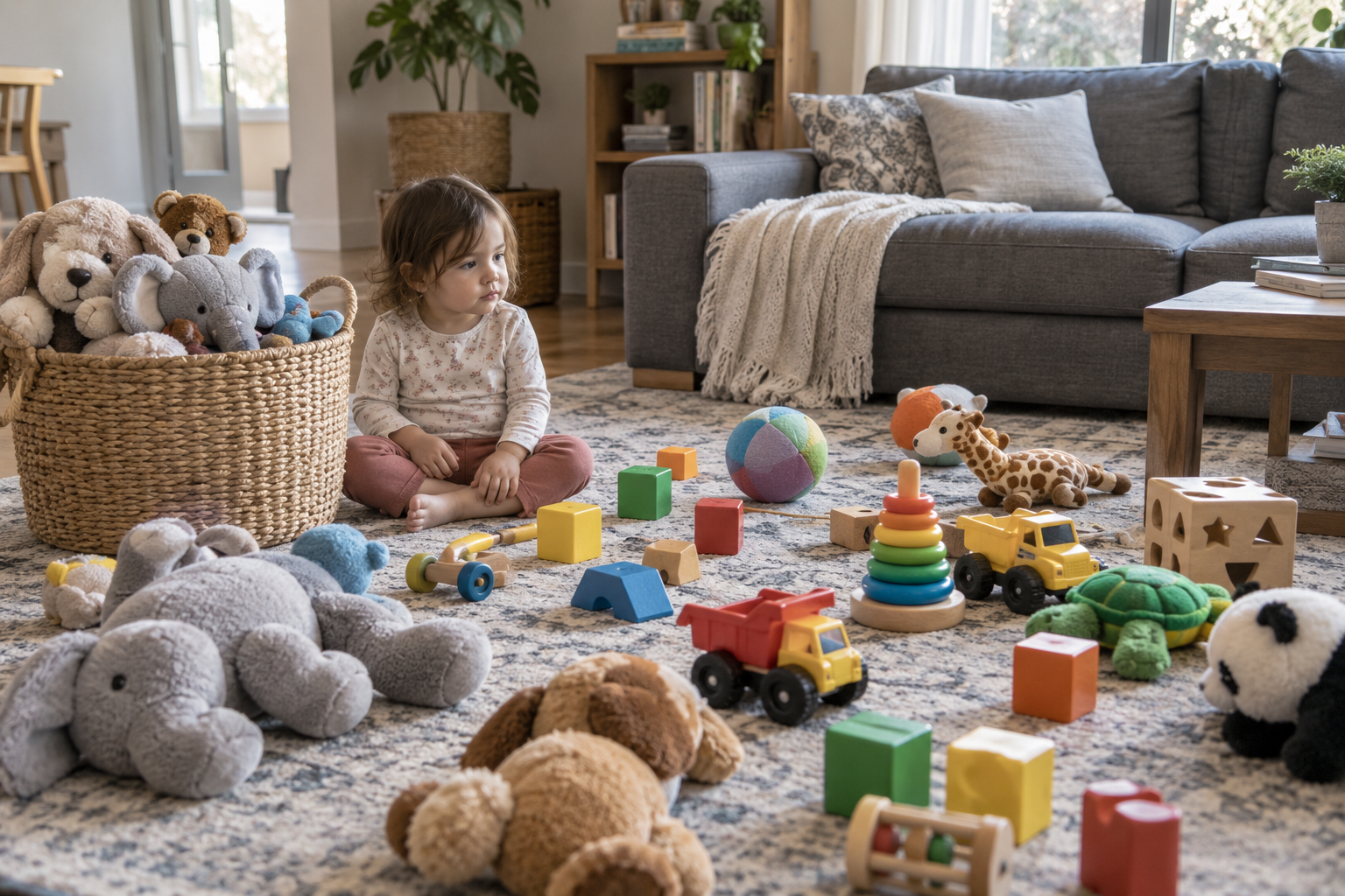 A toddler pauses beside an overflowing basket while many toys lie scattered across the floor.
