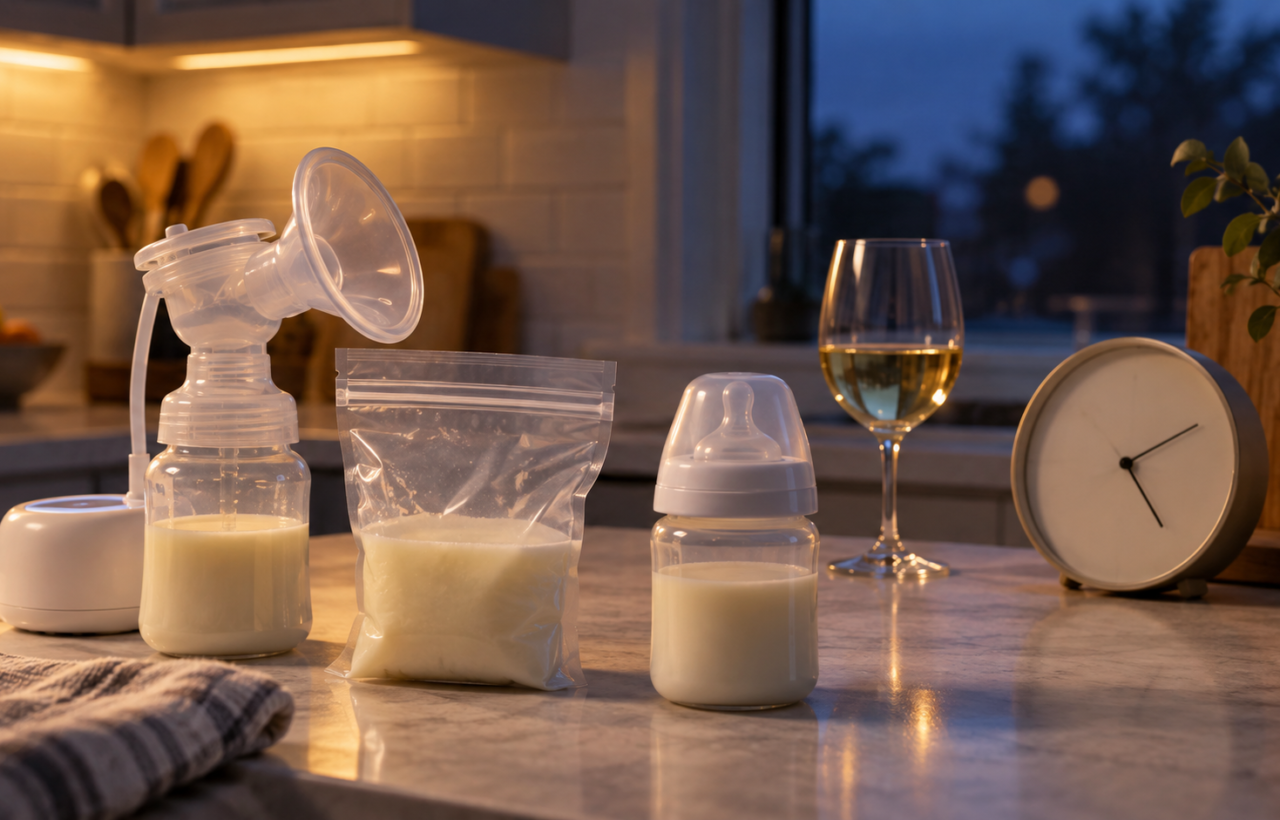 Breast pump, stored breast milk, baby bottle, a small glass of wine, and a clock arranged on a kitchen counter.