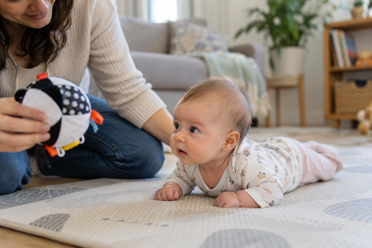 A baby lifts their head during supervised tummy time while watching a toy held by a nearby caregiver.