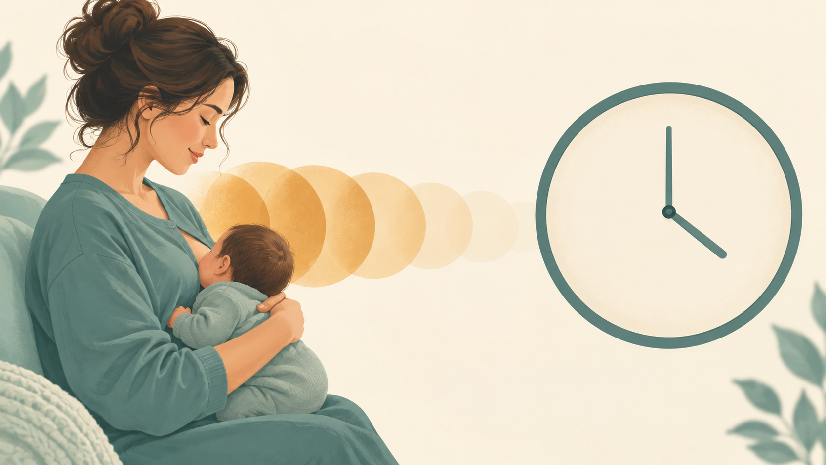 Illustration of a clothed breastfeeding parent beside a clock, with amber color fading to clear to represent alcohol decreasing over time.