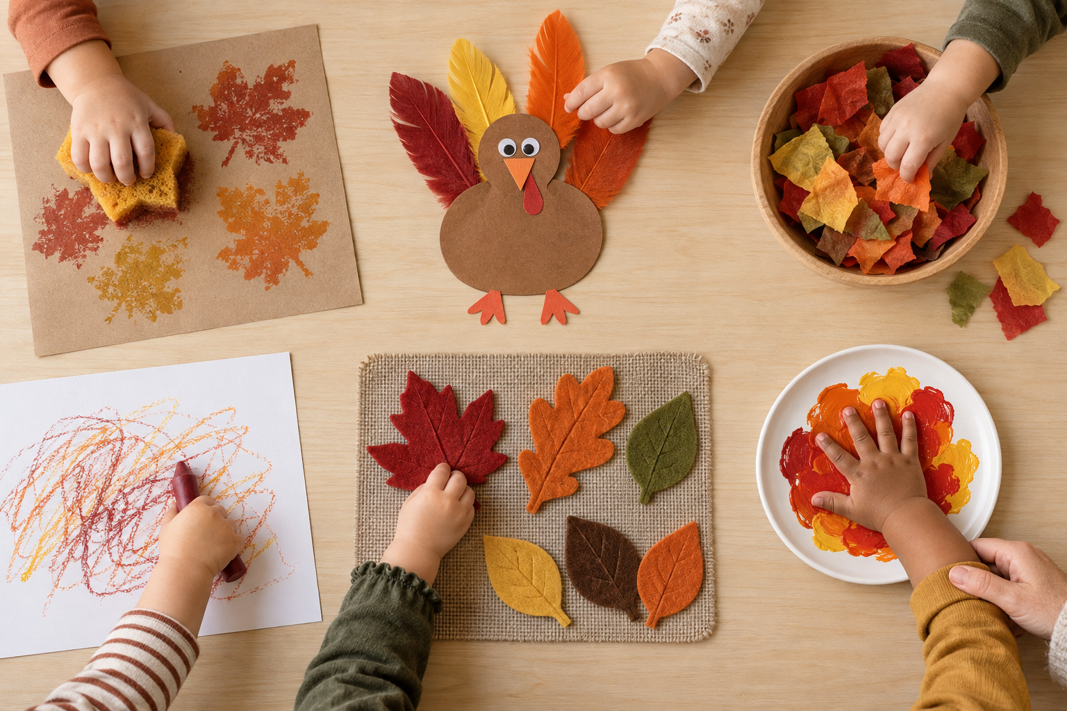 Toddler hands press, stick, tear, stamp, scribble, and arrange oversized autumn craft materials.