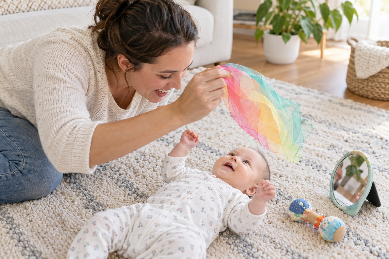 A caregiver moves a colorful fabric above a baby during simple floor play, with a baby-safe mirror and soft rattle nearby.