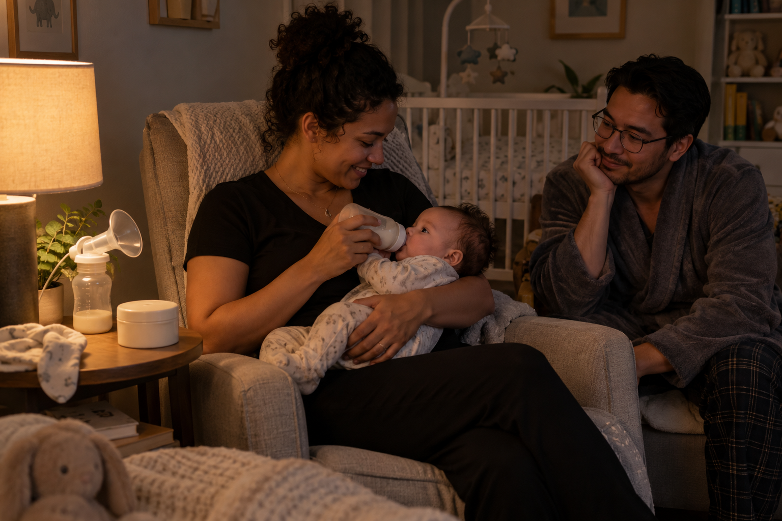 One caregiver bottle-feeds a supported infant while another parent rests near a breast pump in a softly lit nursery.