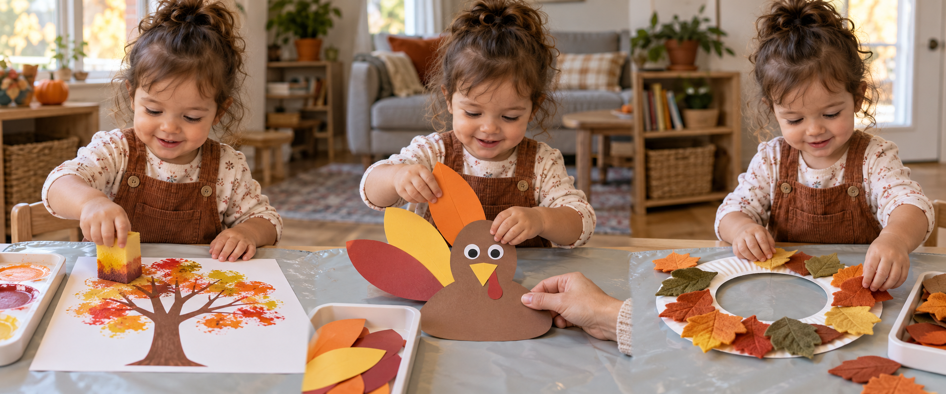 A toddler stamps a paper tree, adds large feathers to a turkey craft, and arranges felt leaves on a wreath.