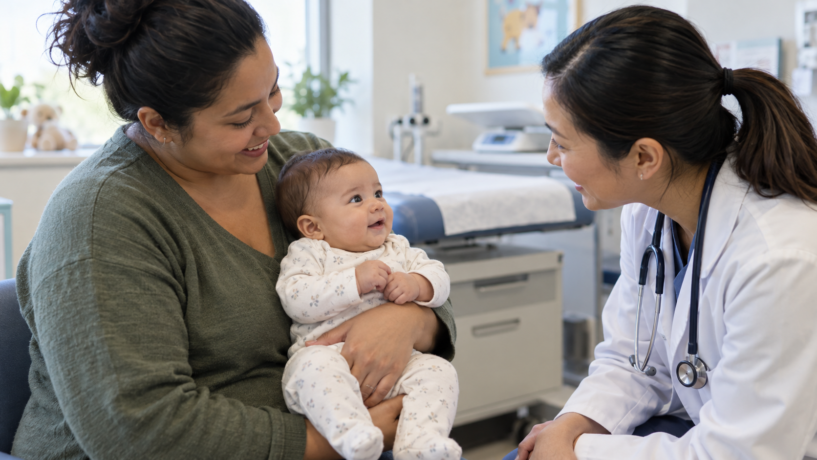 A caregiver holds a young baby while speaking with a clinician in a pediatric examination room.