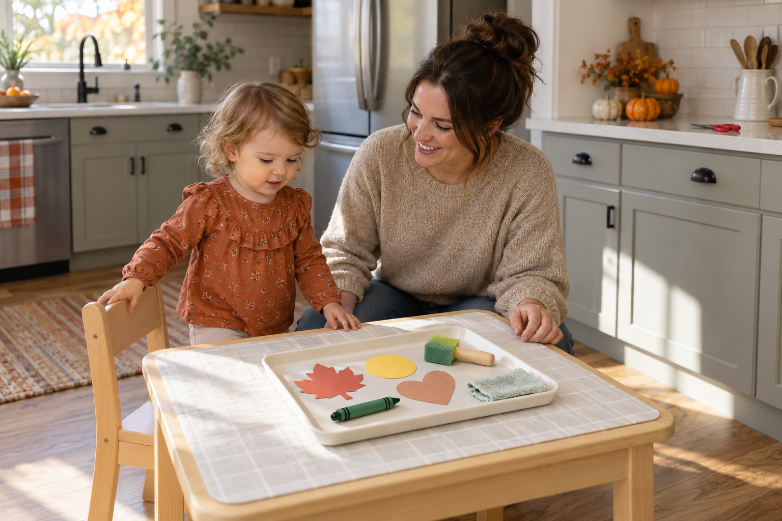 A caregiver and toddler approach a simple craft station with a washable mat, a few large supplies, and a damp cloth.