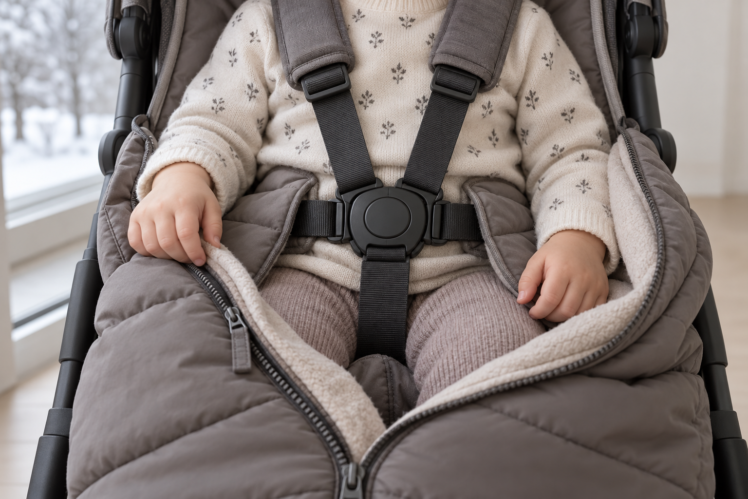 Close-up of a five-point stroller harness secured over a toddler inside a partially unzipped footmuff.