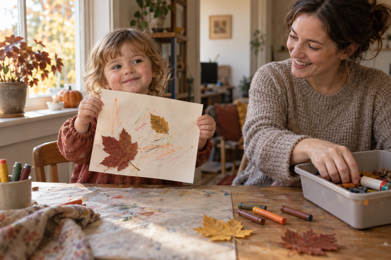 A satisfied toddler displays a partly filled paper-leaf collage as a caregiver puts away the unused supplies.