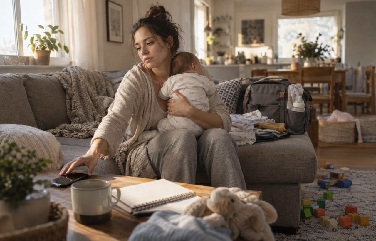 A tired mother holds her baby on a sofa while reaching toward her phone, surrounded by laundry, a diaper bag, and children's toys.
