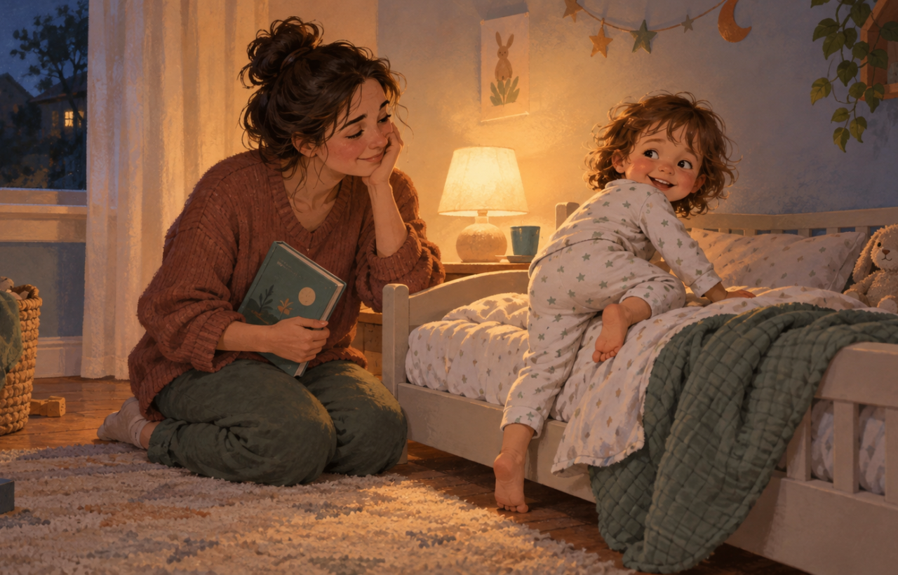 A caregiver helps a pajama-clad toddler climb into a low bed beside a book, water cup, and stuffed animal in a softly lit bedroom.