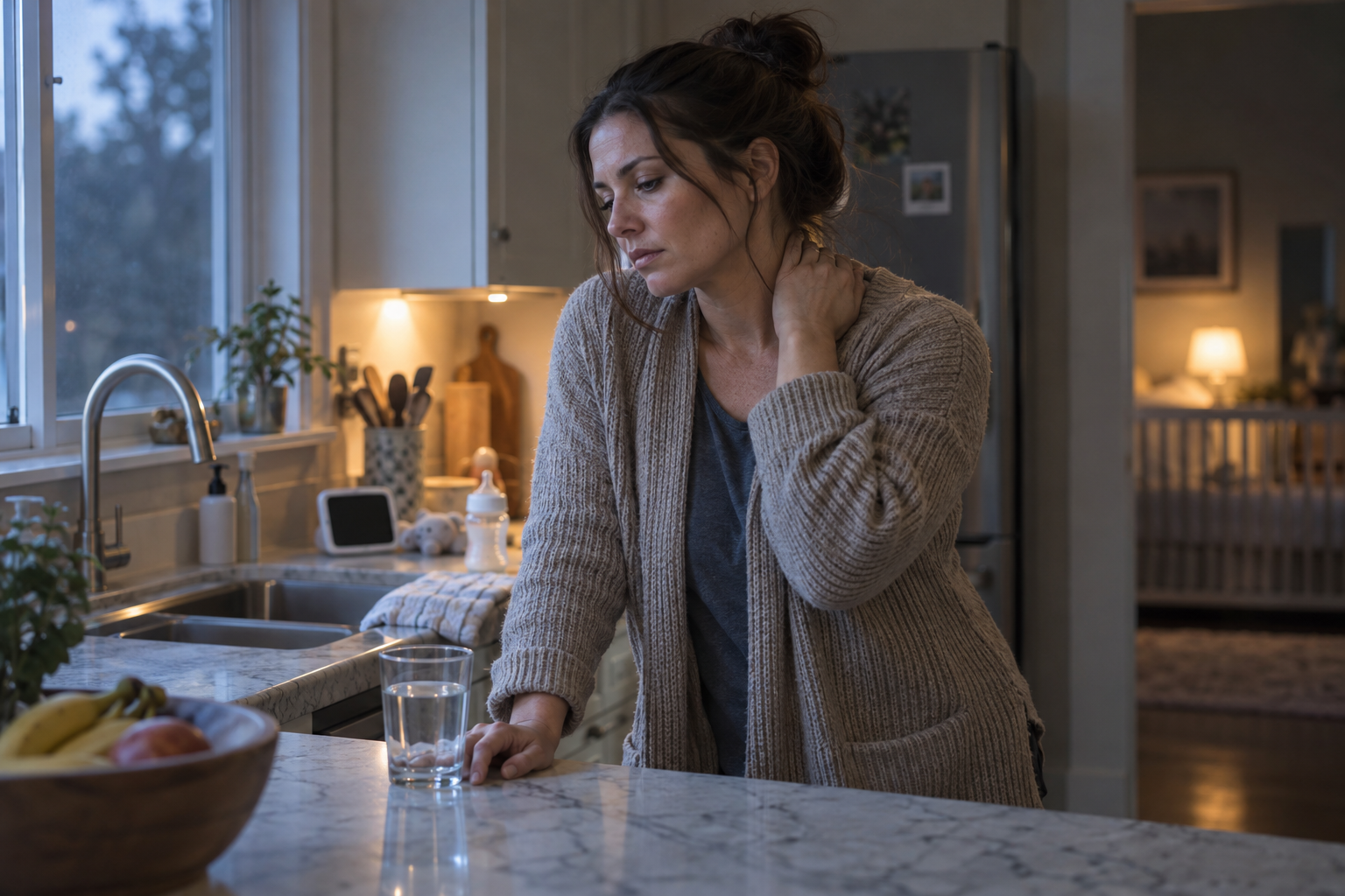 A mother pauses at a kitchen counter with one hand on her neck, her tense shoulders and posture showing physical strain.