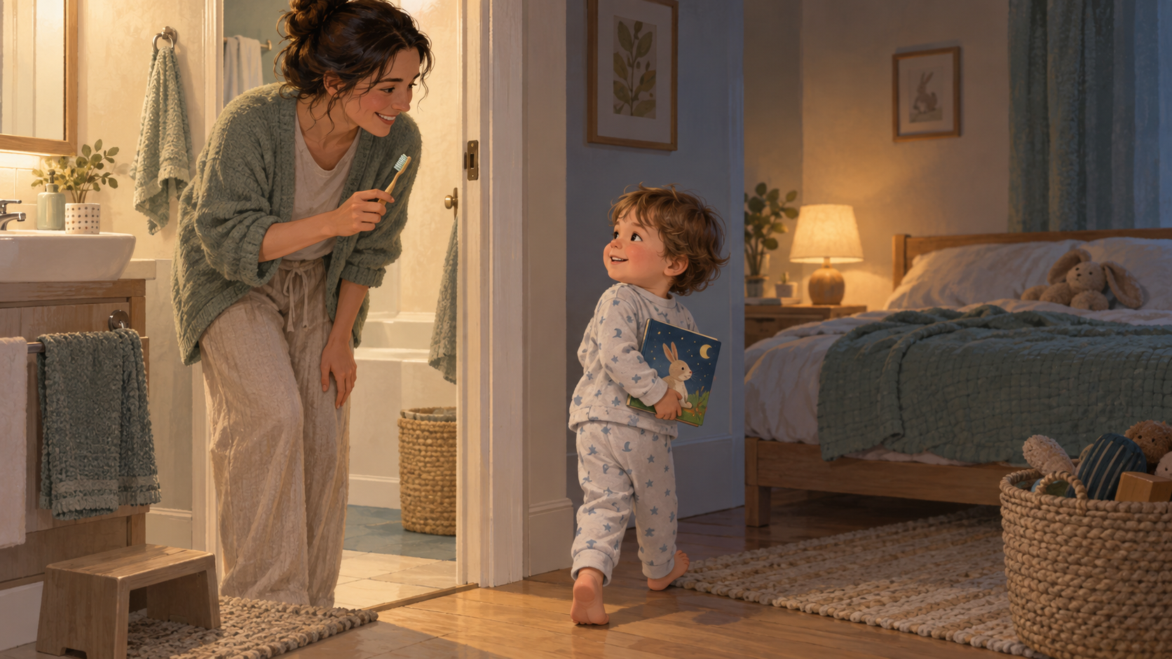 A toddler in pajamas carries a picture book from the bathroom toward a low bed while a caregiver holds a toothbrush nearby.