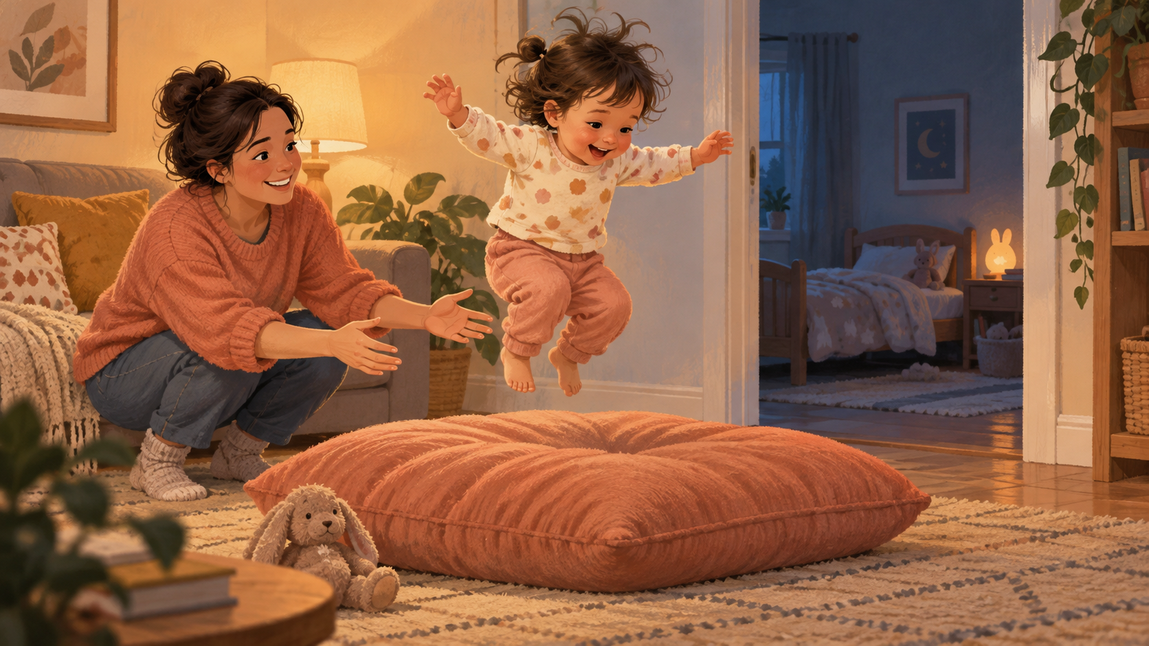 A toddler jumps onto a floor cushion as a caregiver supervises, with a quiet, dimly lit bedroom visible through the doorway.