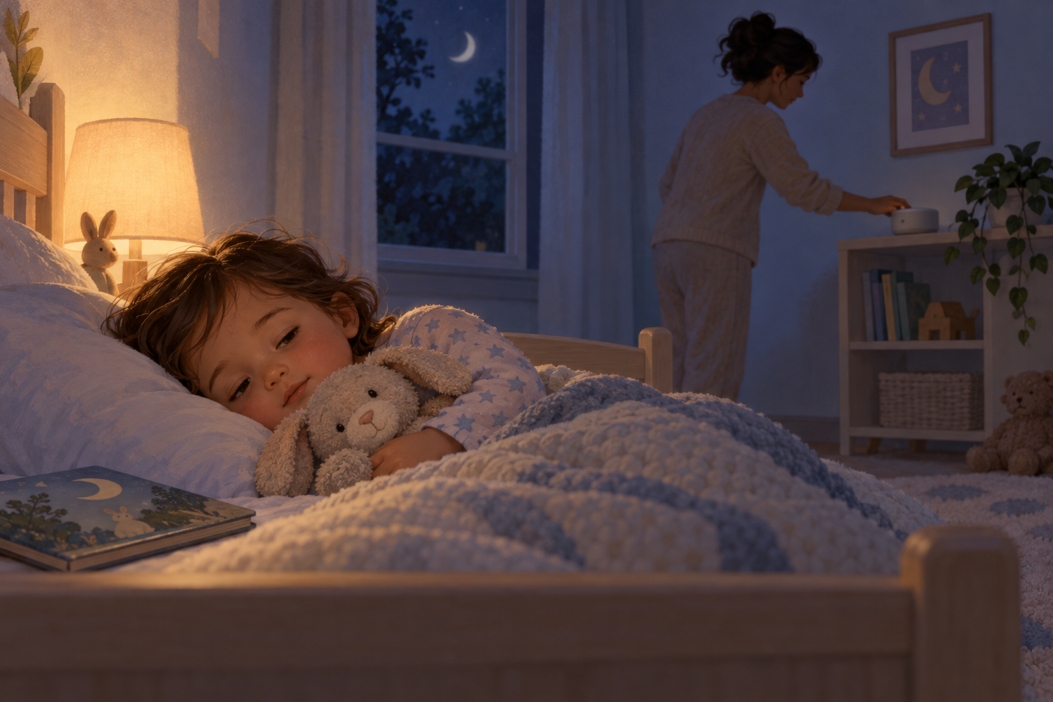 A caregiver turns off a small screen-free audio speaker while a drowsy toddler rests in bed with a stuffed animal.