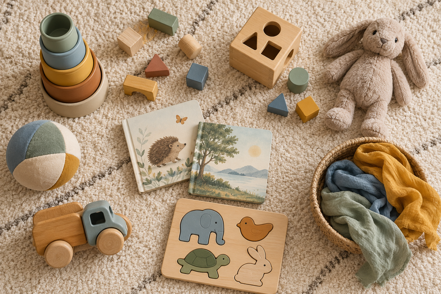 A small assortment of stacking cups, blocks, books, a ball, a puzzle, a toy vehicle, and pretend-play materials arranged on a rug.