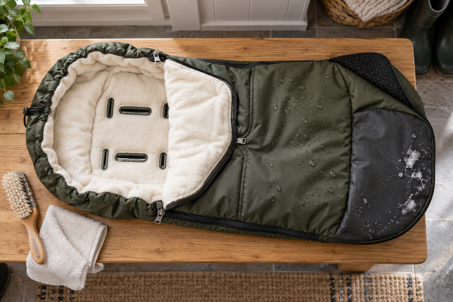 Open stroller footmuff showing a two-way zipper, insulated lining, harness slots, nonslip backing, and wipe-clean foot area.