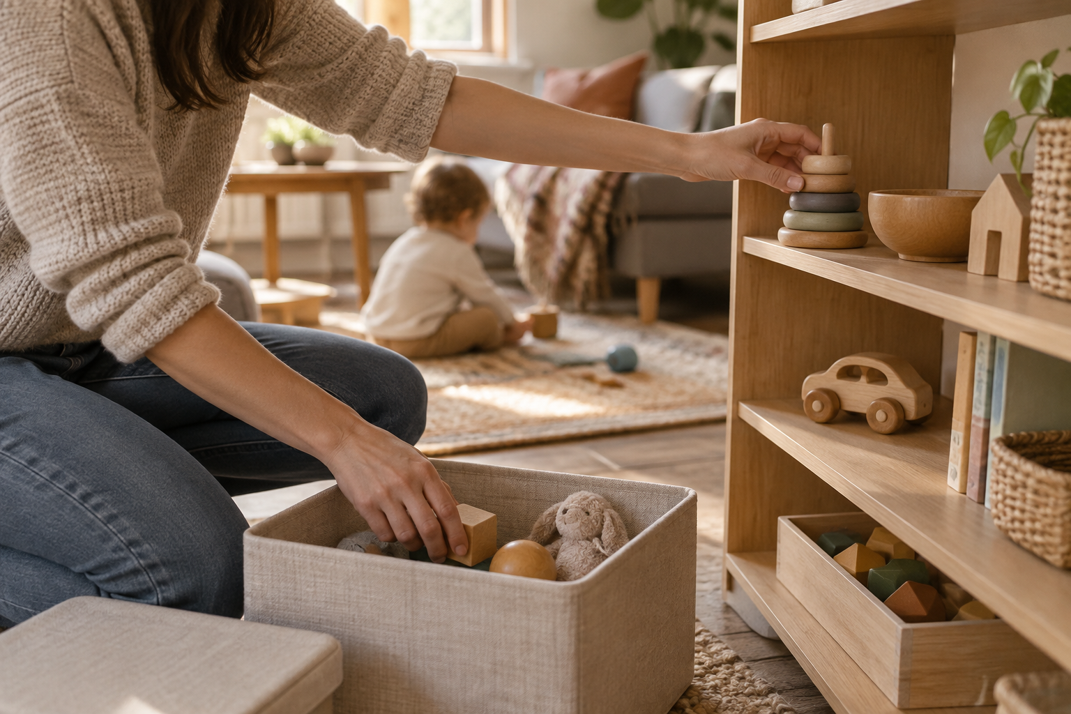 A caregiver swaps toys between a low play shelf and a plain storage box while a toddler plays nearby.