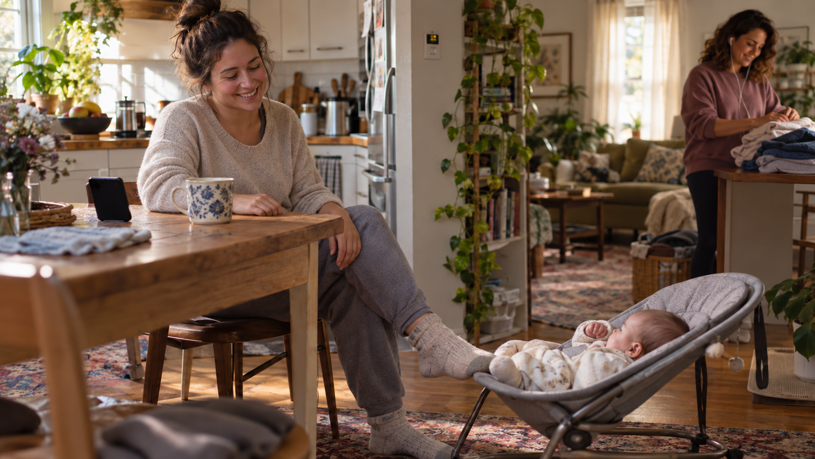 A postpartum parent and a friend talk by phone from their separate homes while continuing everyday tasks.