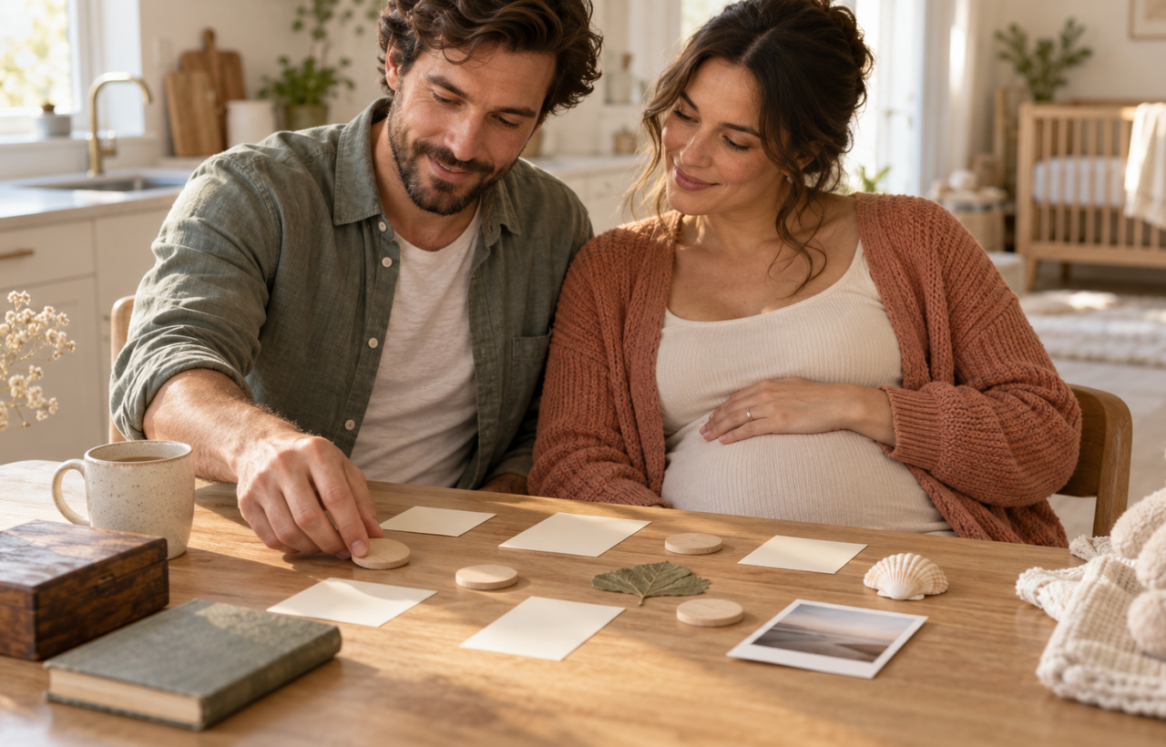 Two expectant parents arrange blank cards, wooden tokens, and personal keepsakes on a sunlit kitchen table.