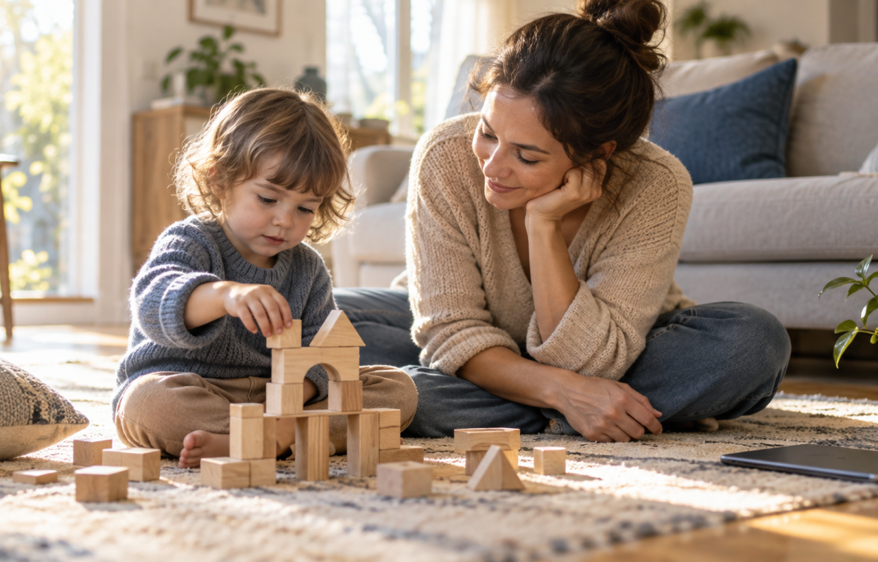 A parent and young child build with wooden blocks on a sunlit living-room floor while a closed tablet rests nearby.