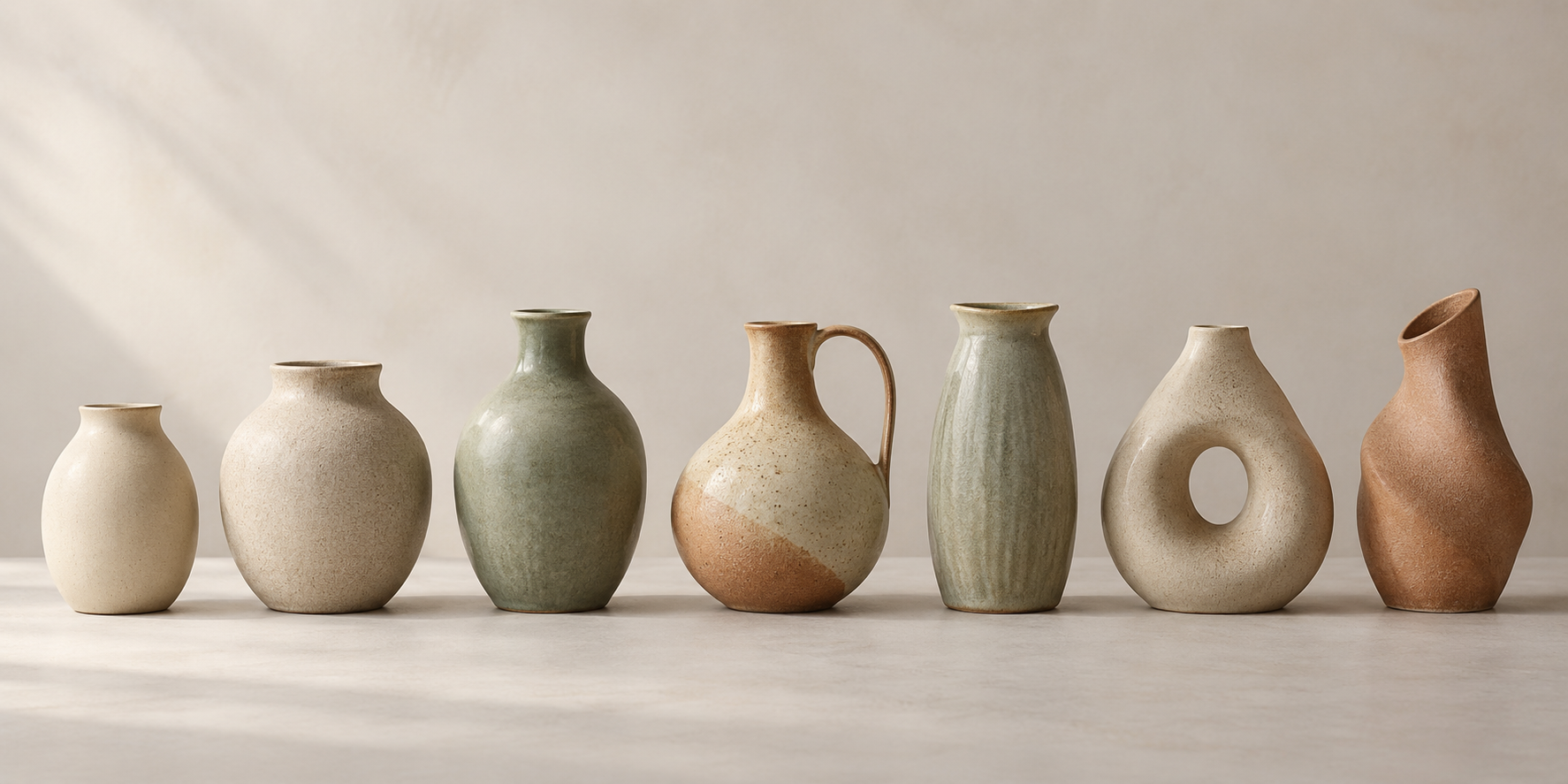 A row of ceramic vessels ranges from simple to unconventional shapes, with one subtly distinctive vessel near the middle.