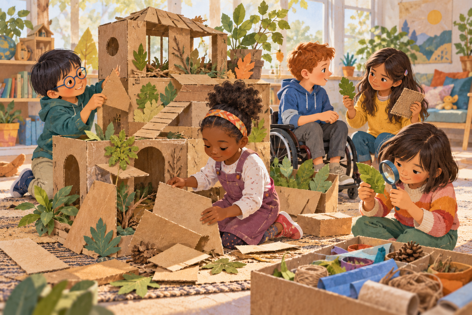Children collaborate on a cardboard building project while experimenting, observing a leaf, listening, and trying again after part of the structure falls.