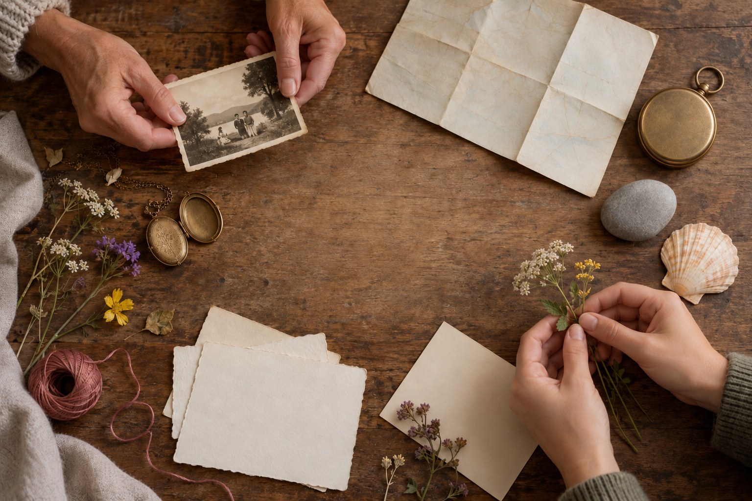 Two pairs of hands arrange family keepsakes, a compass, flowers, a shell, and blank paper pieces on a table.