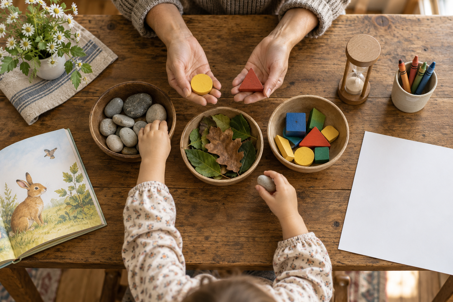A parent and preschooler sort stones, leaves, and wooden shapes at a kitchen table beside crayons, blank paper, a picture book, and an hourglass.