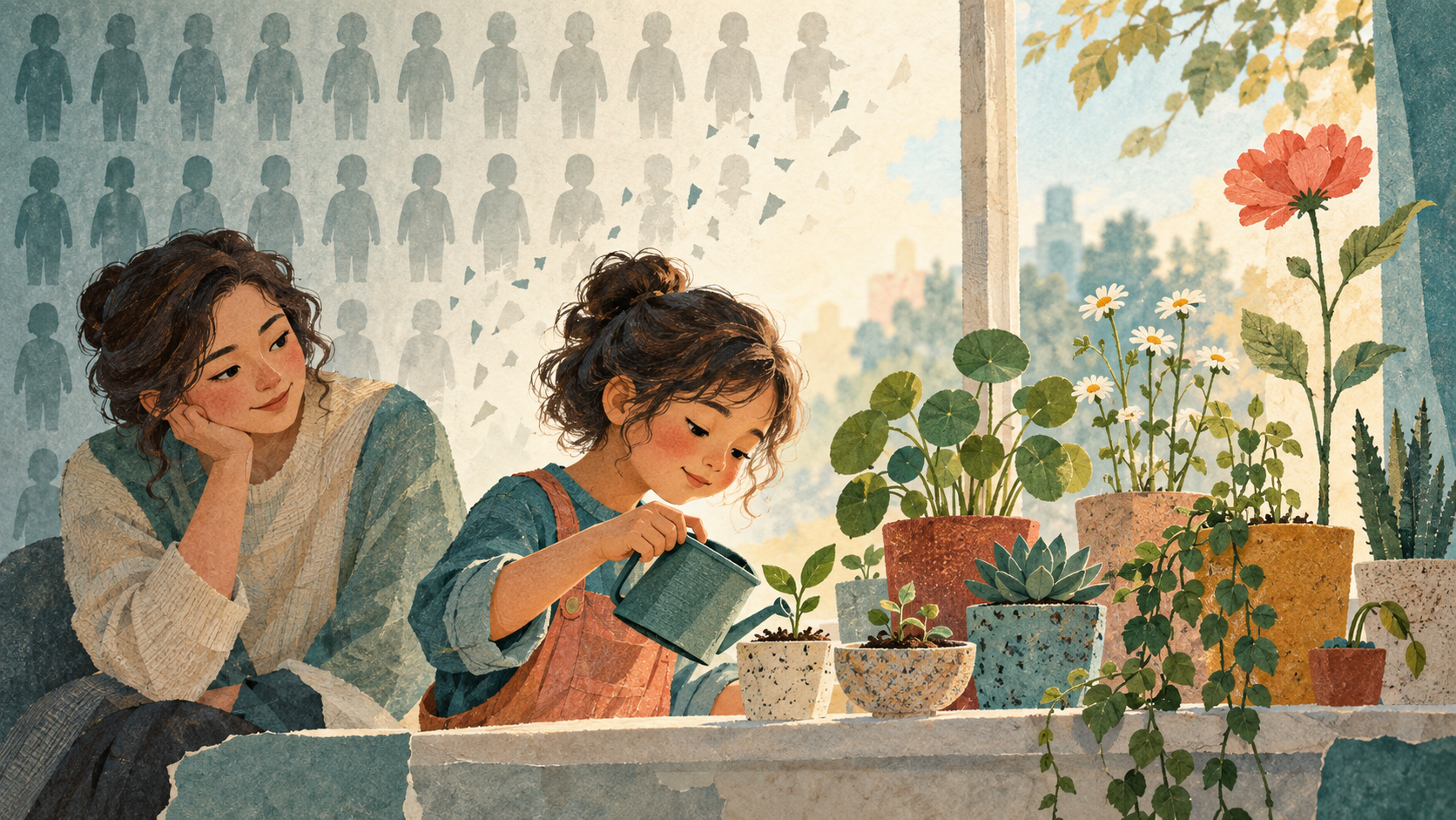 A child tends differently shaped plants while a caregiver watches and a fading grid of identical silhouettes appears in the background.