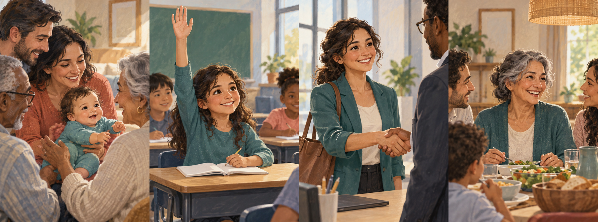Four illustrated scenes show the same person as a baby, school-age child, working adult, and older adult in everyday social settings.