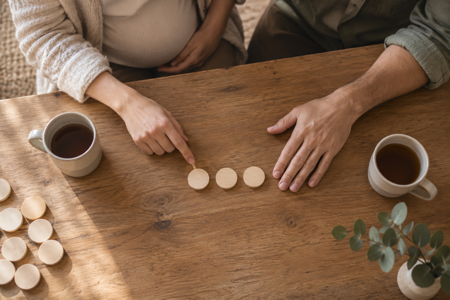 Two people calmly compare three blank wooden tokens at a table while the remaining tokens sit off to the side.