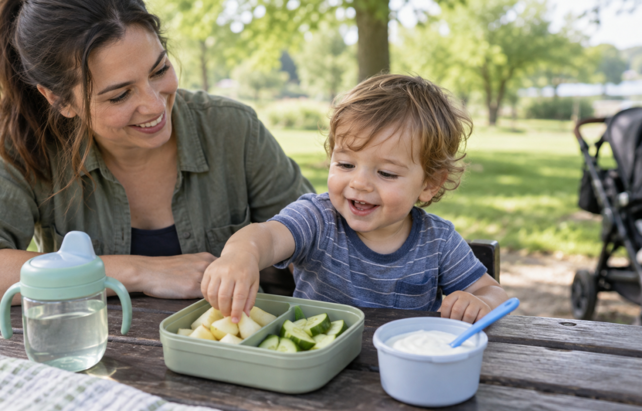 A supervised toddler at a shaded park table with water, soft pear and cucumber pieces, and plain yogurt after outdoor play.