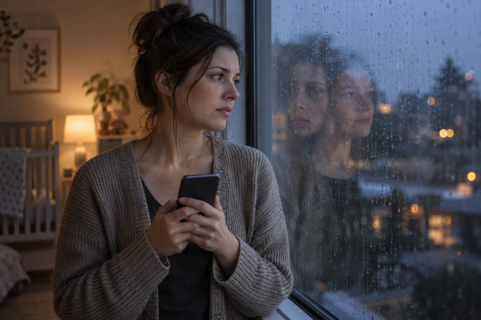 A postpartum parent looks thoughtfully at a phone beside a rain-speckled window with overlapping reflections in the glass.