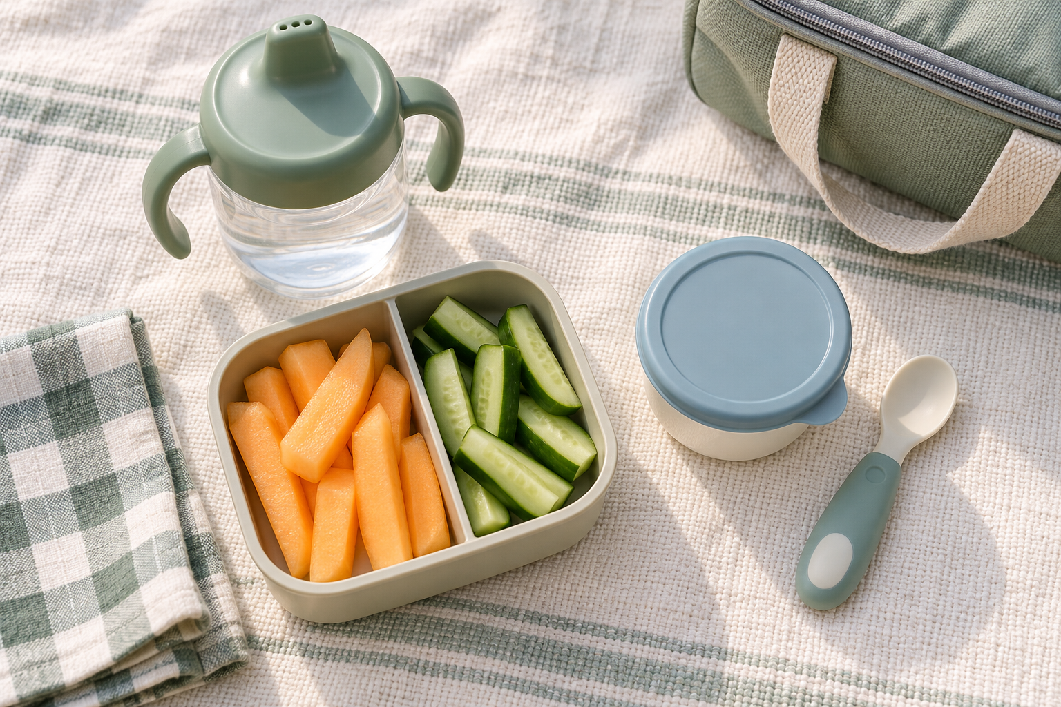 An overhead view of a toddler snack with water, soft melon and cucumber pieces, plain yogurt, a spoon, and an insulated bag.