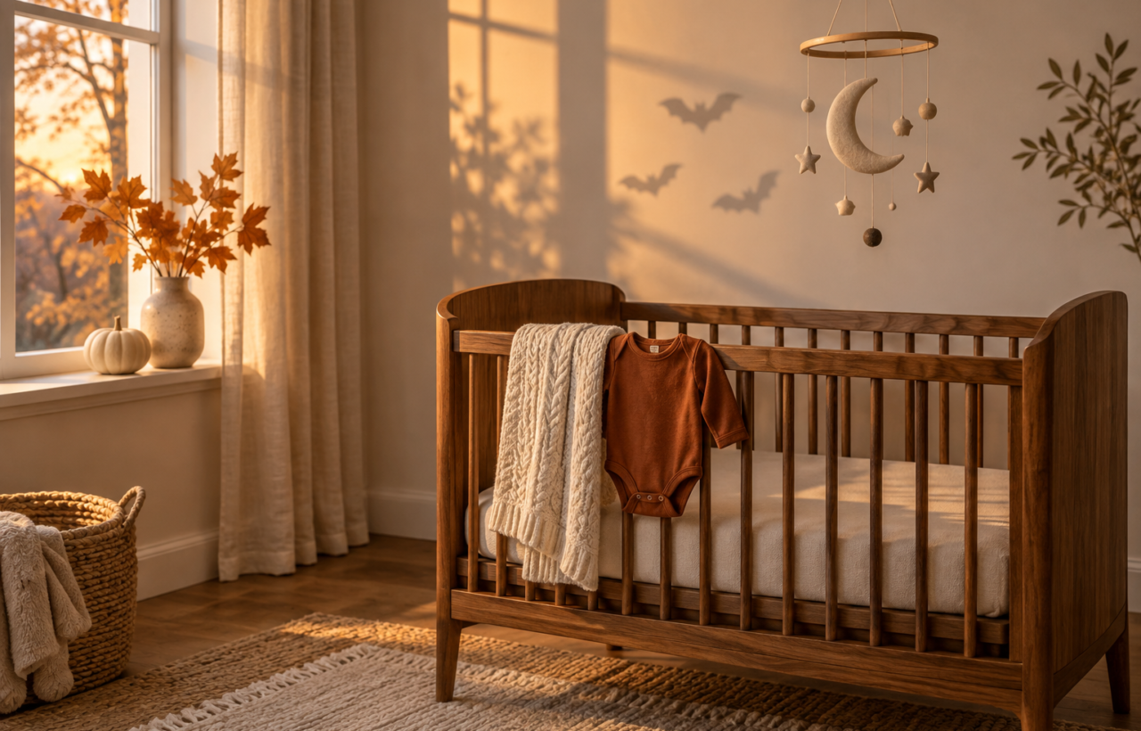 A softly lit nursery with a wooden cradle, cream blanket, crescent-moon mobile, pale pumpkin, autumn leaves, and subtle bat-shaped shadows.