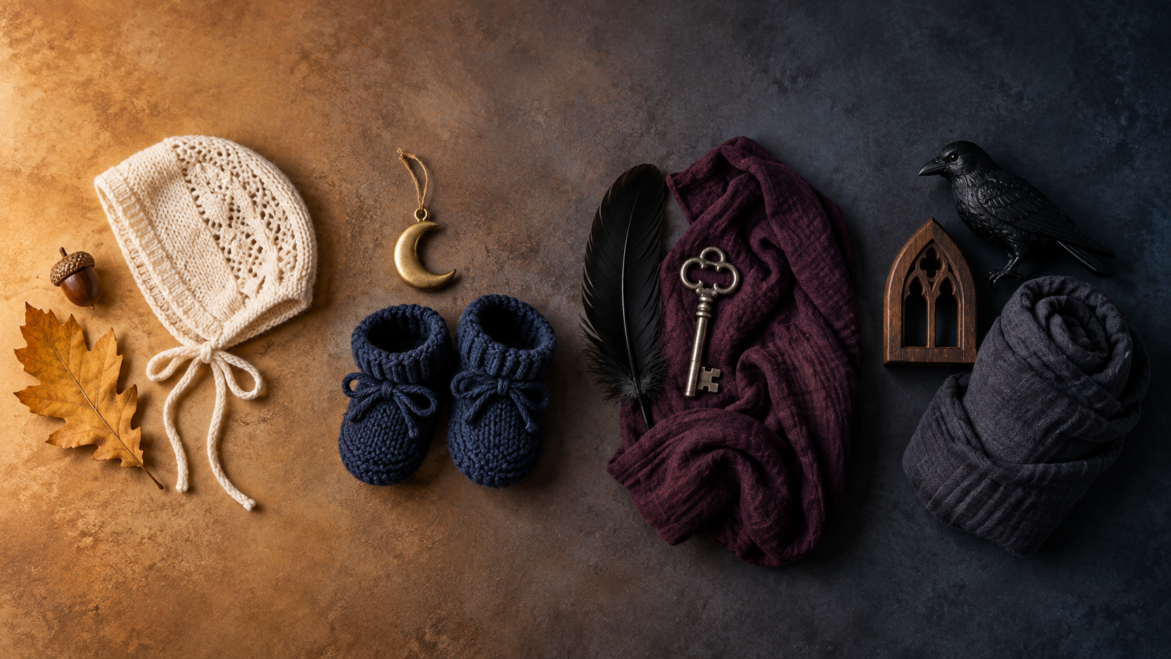Four infant keepsake arrangements progress from autumn leaves and cream knitwear to moon, key, raven, and gothic-inspired details.