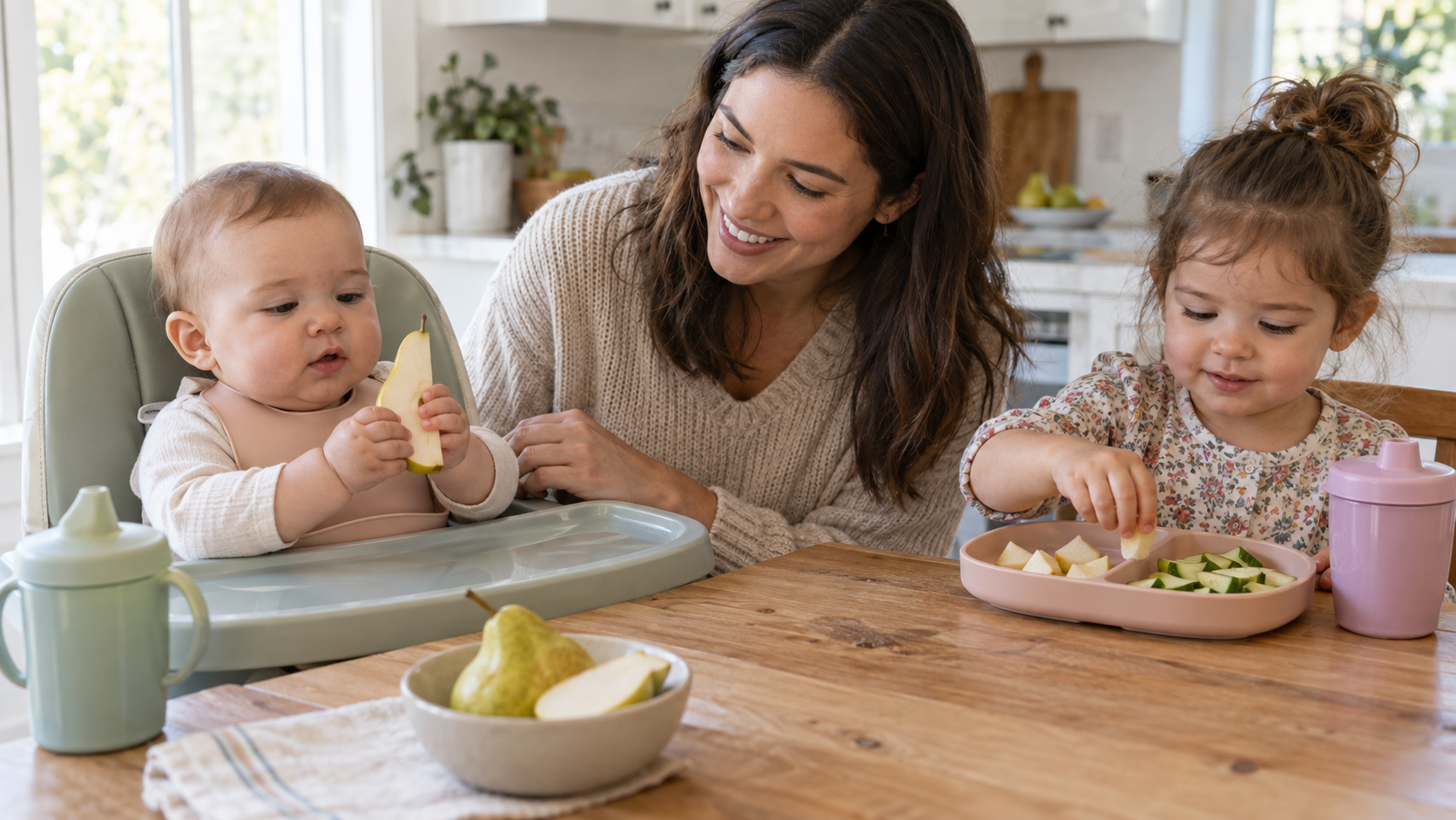 A supervised baby and toddler seated upright with differently sized soft pear and cucumber pieces and age-appropriate cups.