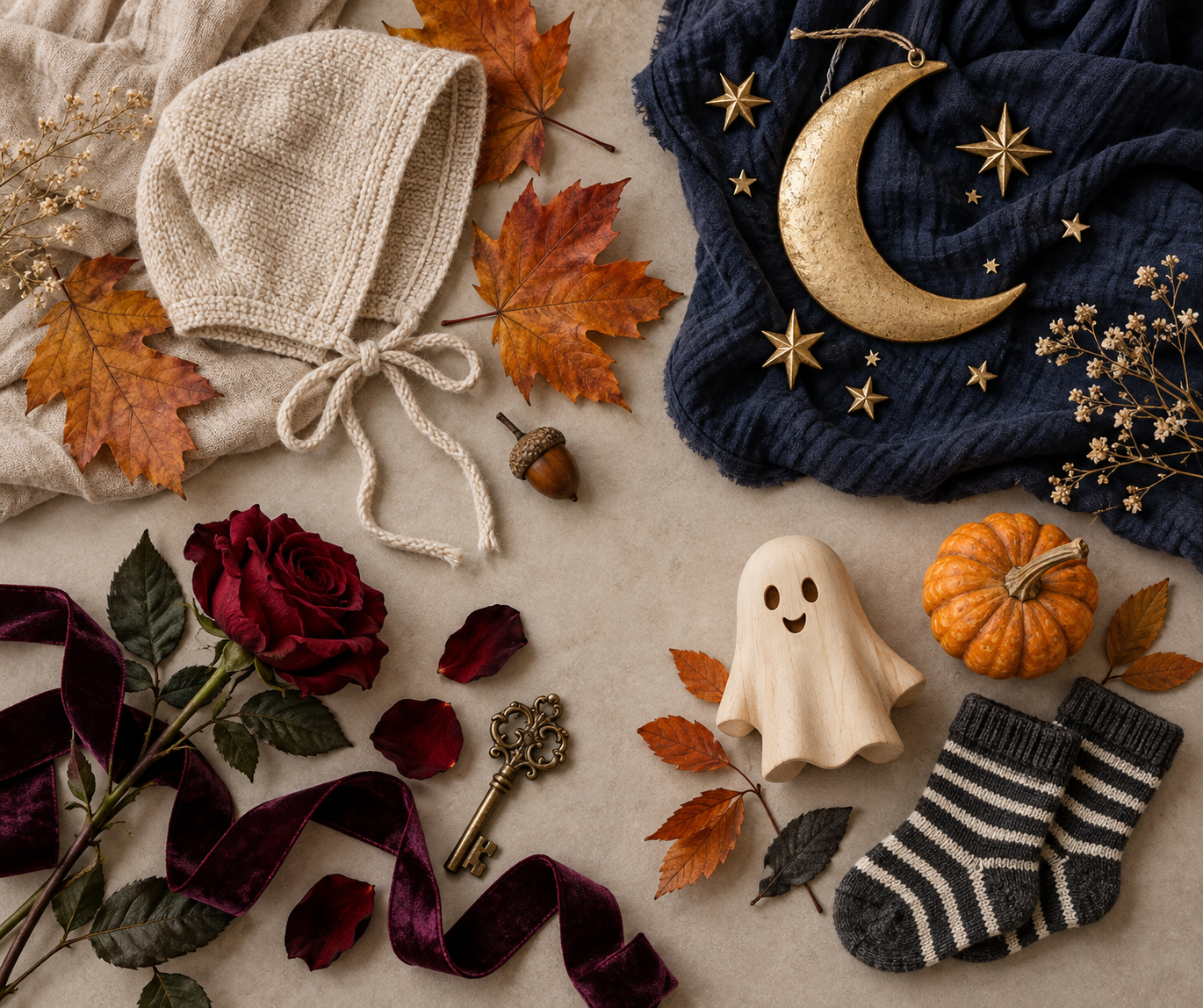 A flat lay of four seasonal moods featuring autumn leaves, celestial ornaments, gothic keepsakes, and playful ghost and pumpkin toys.