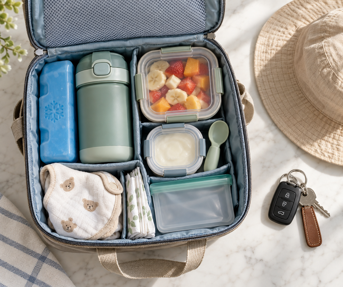 An open insulated toddler snack bag packed with water, soft fruit, yogurt, a cold pack, spoon, bib, and napkins.