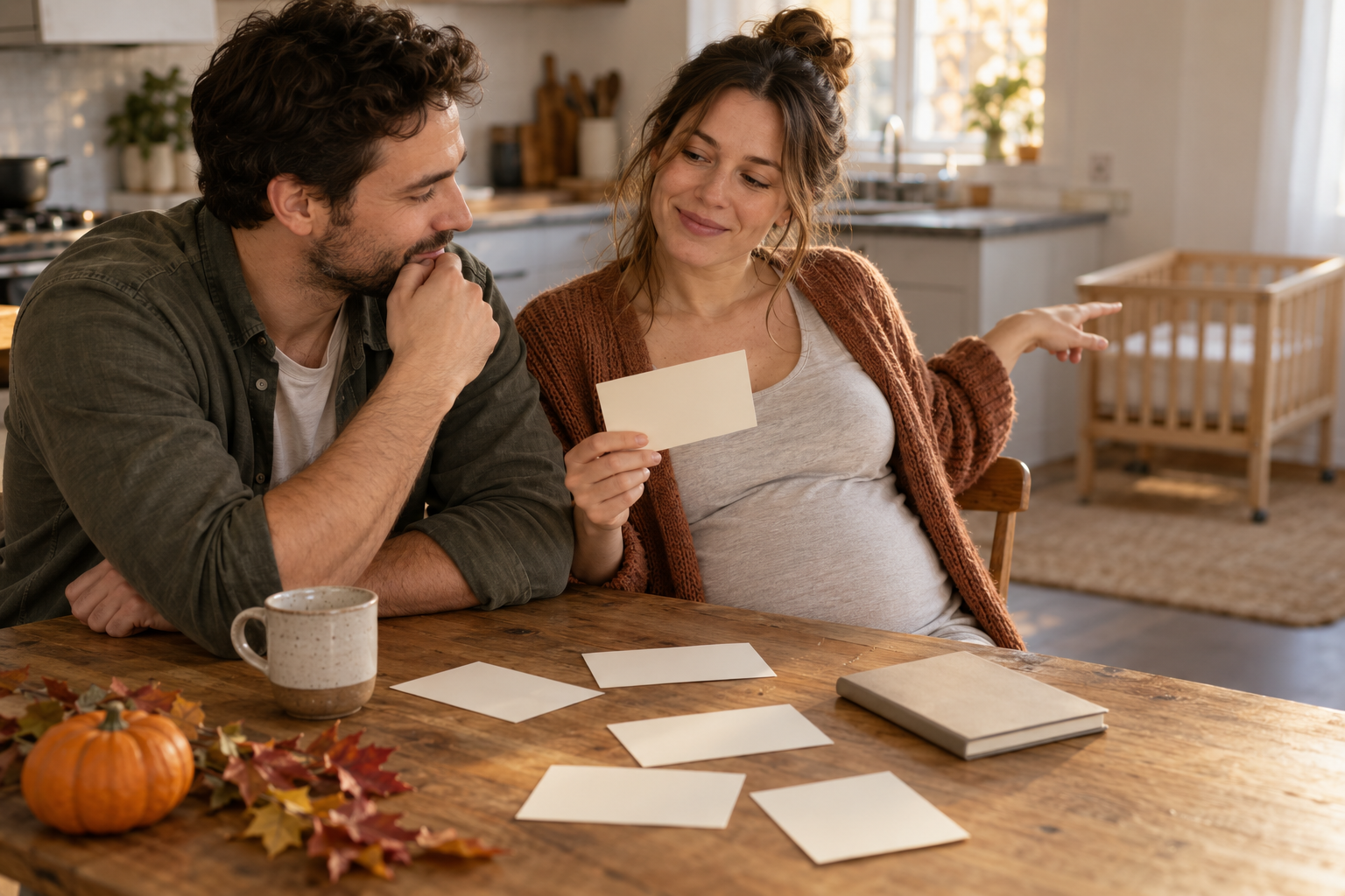 Two expectant parents consider blank name cards at a kitchen table decorated with autumn leaves and a small pumpkin.