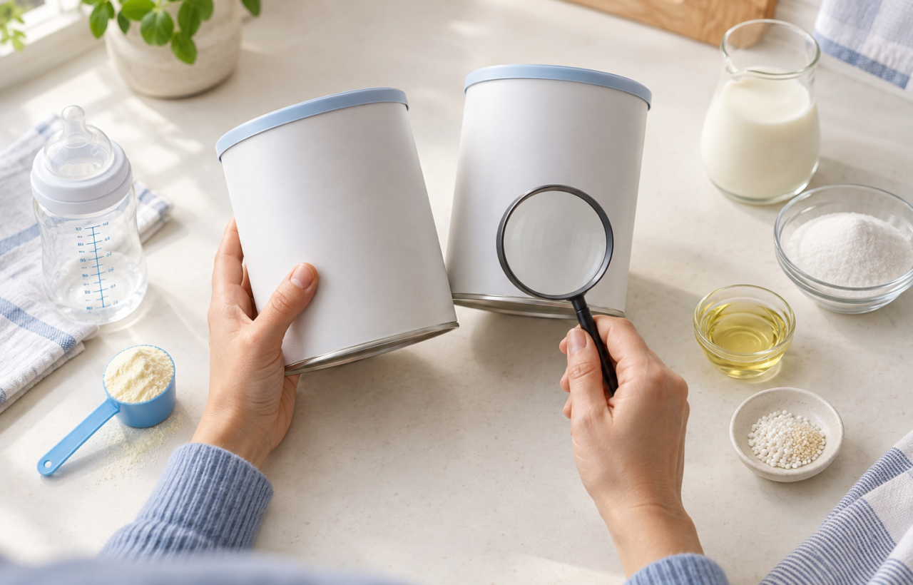 Adult hands compare two blank infant formula tins beside a scoop, an empty bottle, milk, oil, powder, and nutrient granules.