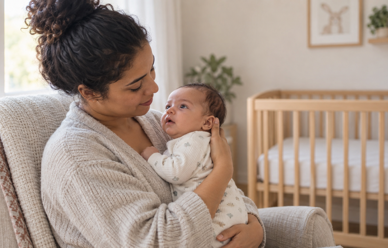 A parent holds an awake infant upright and watches the baby's breathing in a softly lit nursery.