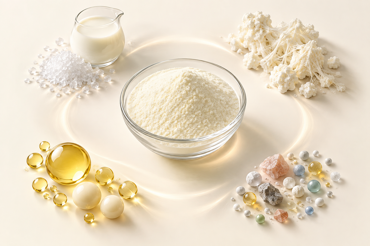 Four groups representing carbohydrate, protein, fat, and micronutrients surround a central bowl of infant formula powder.