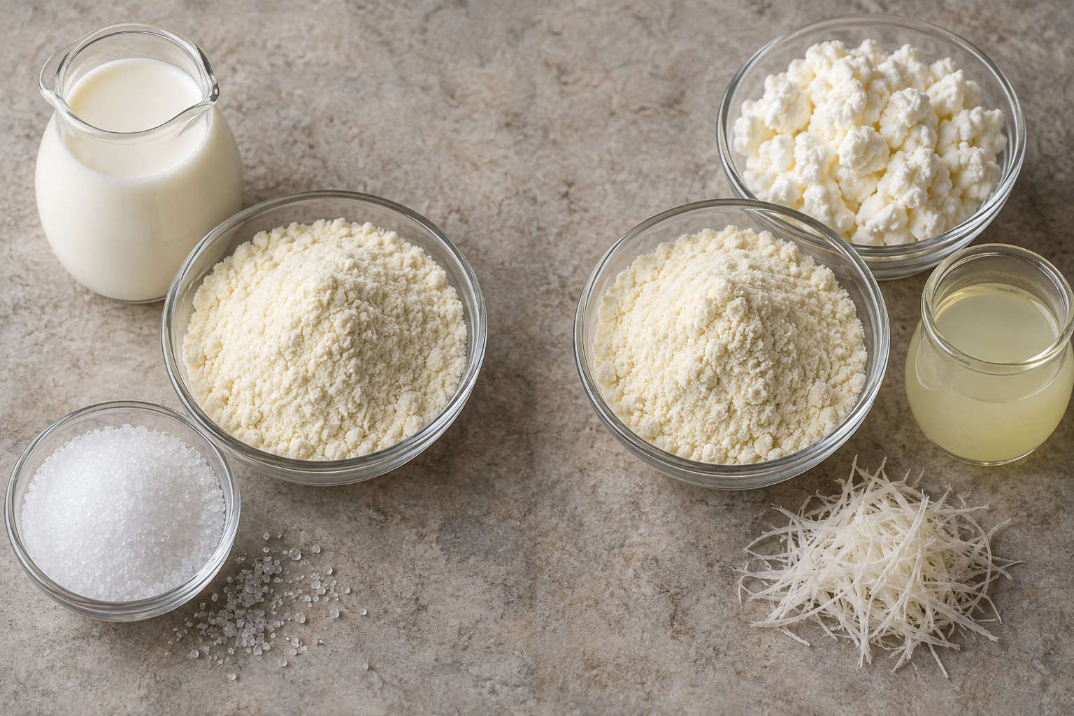 Two formula powder samples are arranged with milk, carbohydrate crystals, curds, and a whey-like liquid on a neutral surface.