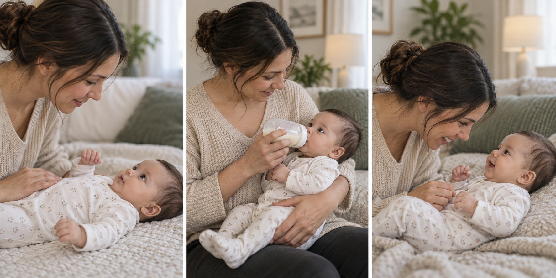 Three scenes show a caregiver watching an infant breathe, offering a bottle, and checking that the baby is awake and responsive.