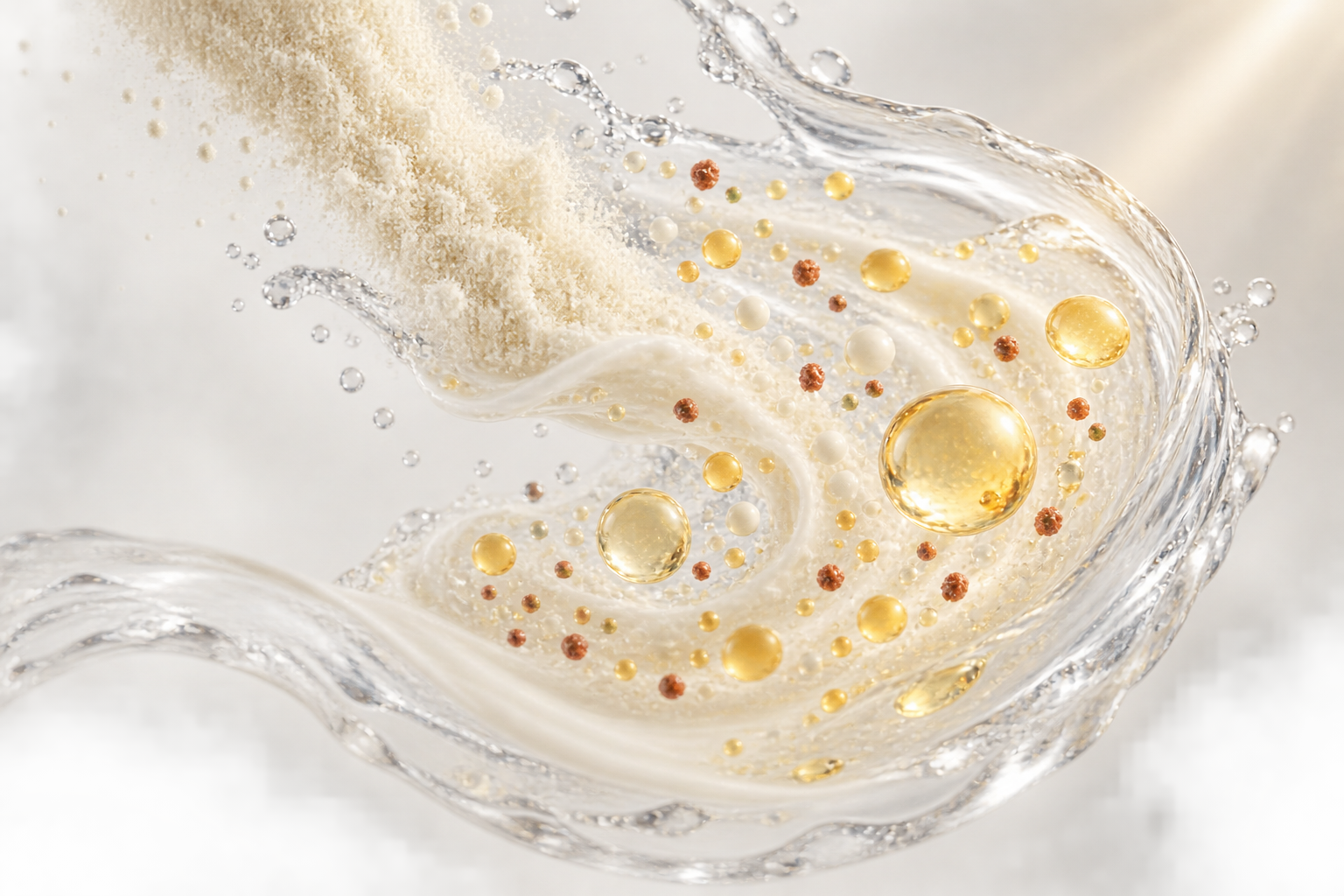 Golden oil droplets, red mineral particles, and amber nutrient particles appear within formula powder dissolving in water.