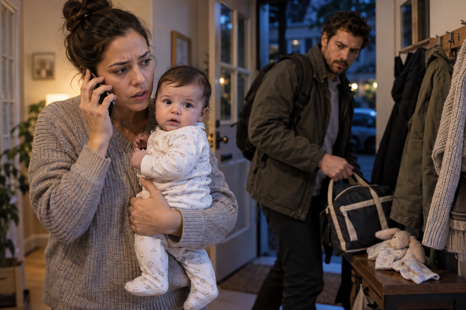 A concerned caregiver calls for medical help while holding an infant as another adult prepares to leave the home.