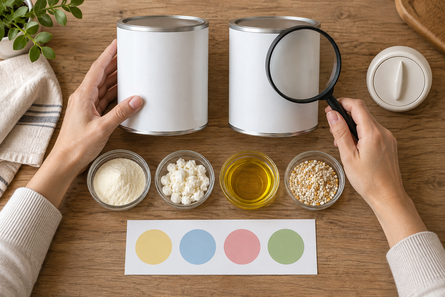 Adult hands compare two blank formula tins with a magnifying glass, an analog timer, and four small dishes of representative ingredients.